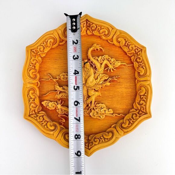 Vintage Chinese Dragon Themed Cinnabar Yellow Plate Asian Art - Picture 9 of 9